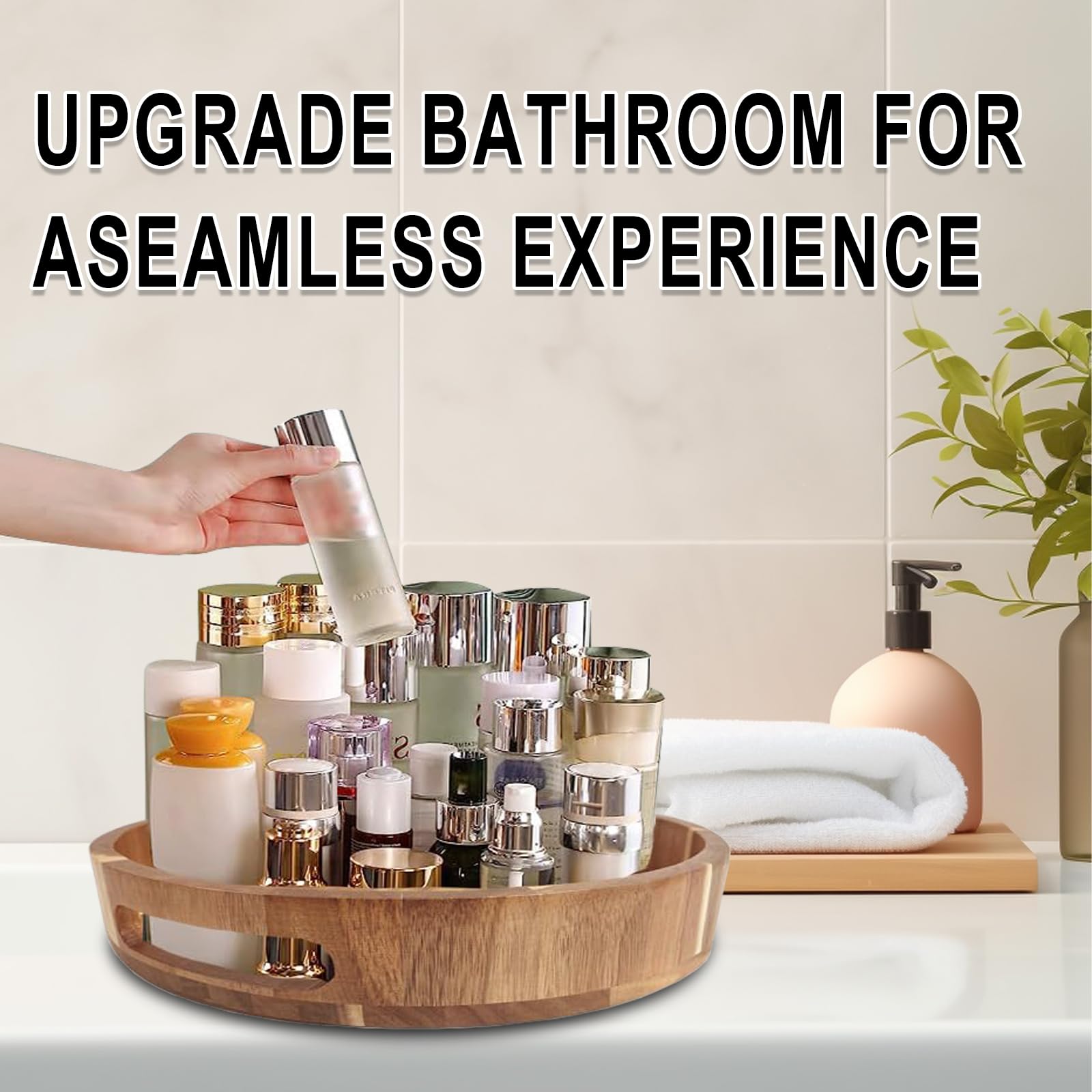 Sholramo acacia lazy susan shown transitioning from cabinet to table for organization