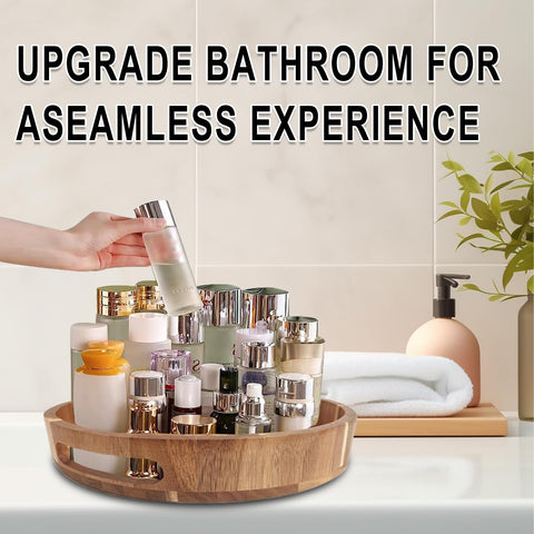 Sholramo acacia lazy susan shown transitioning from cabinet to table for organization