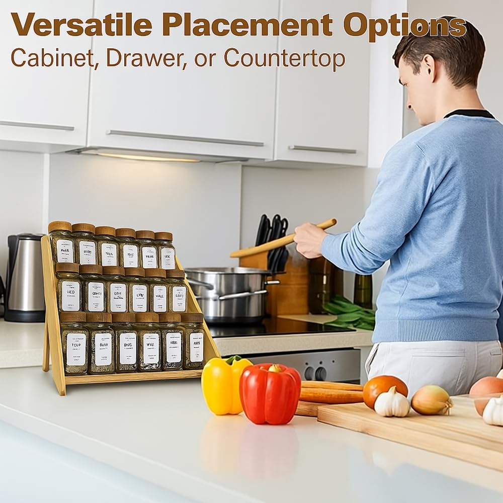 Sholramo bamboo spice rack 3-tier design enhances spice visibility for meal prep.