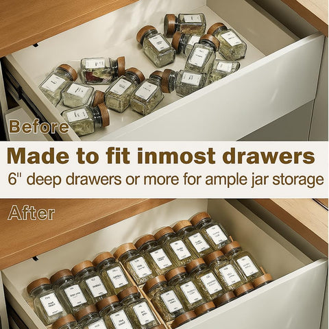 Sholramo bamboo spice rack in a cabinet keeps jars accessible and neatly organized.