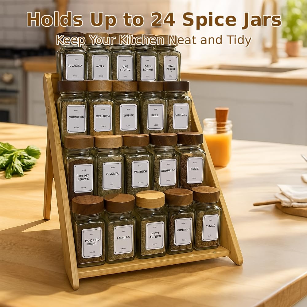 Sholramo bamboo spice rack on countertop offers quick access during cooking.