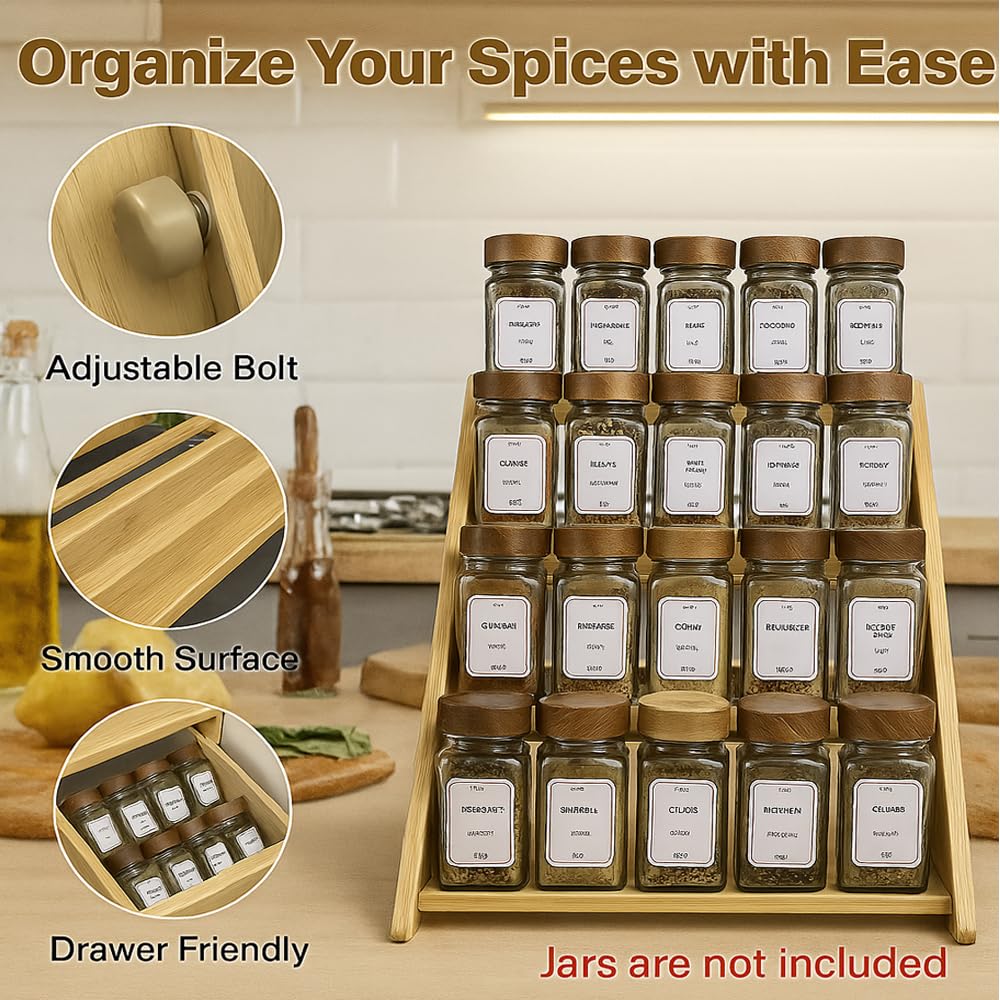 Sholramo bamboo spice rack expanded into a three-tier shelf for easy bottle visibility.