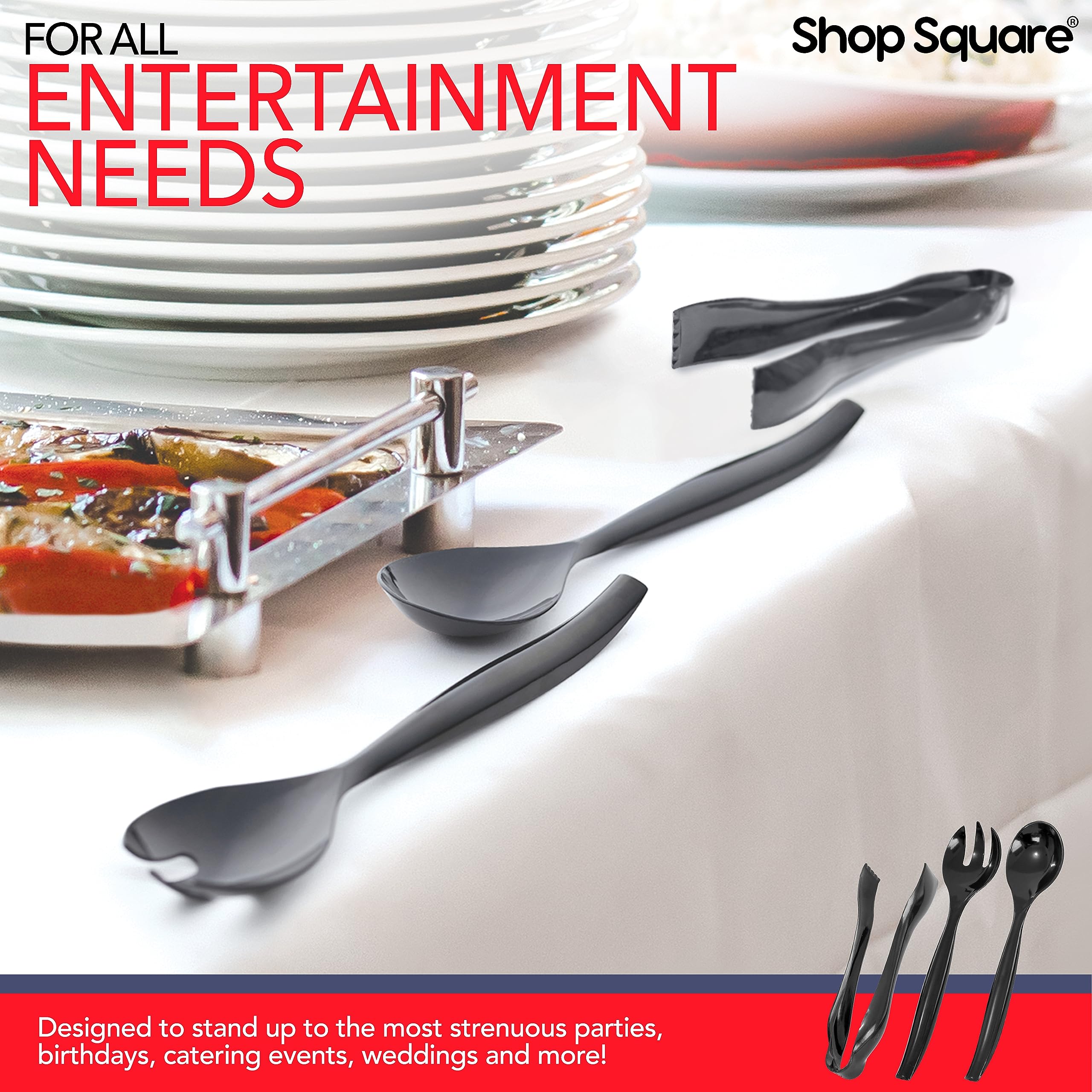 Shop Square disposable serving set shown in a home party setup.