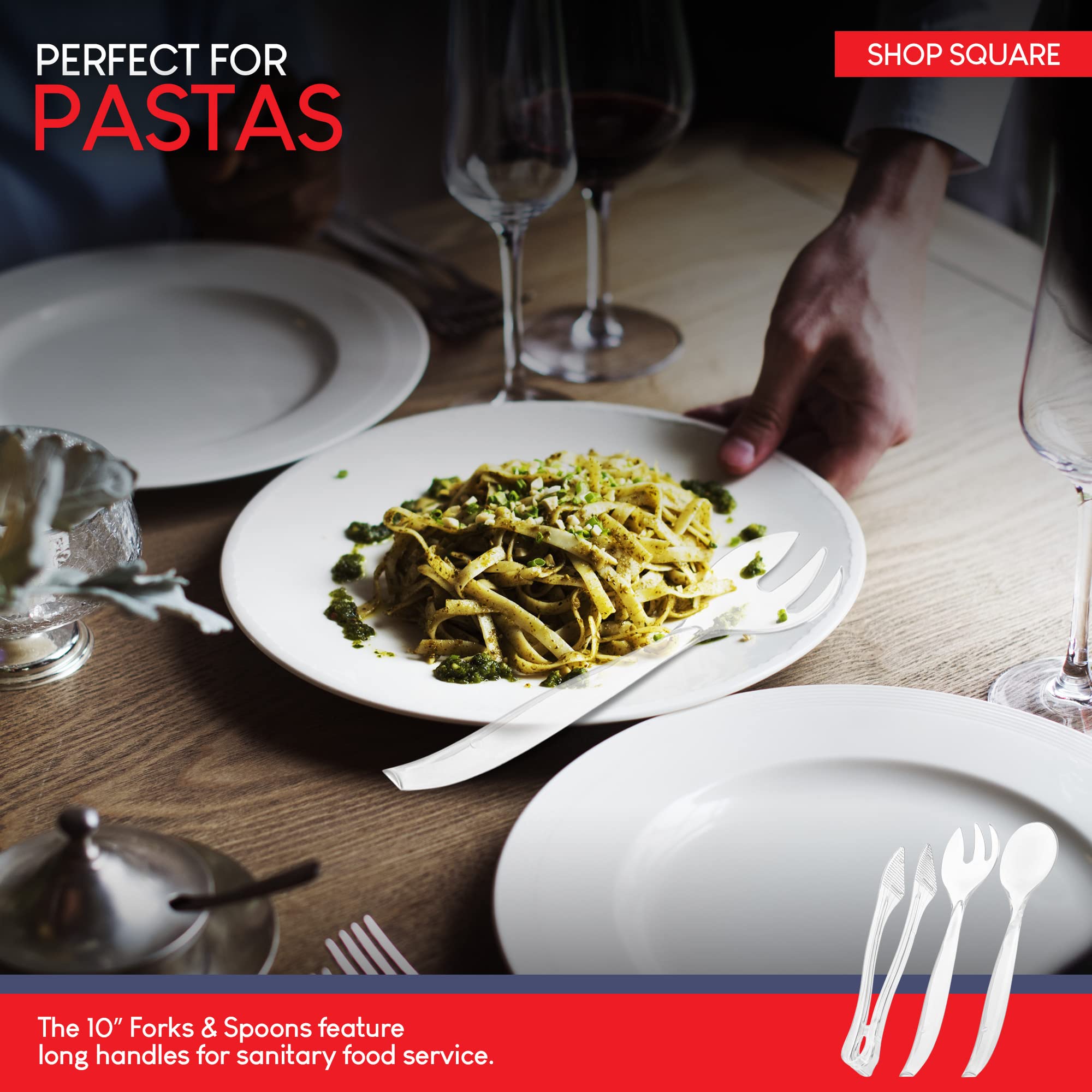 Shop Square durable plastic utensils withstand busy catering and parties.