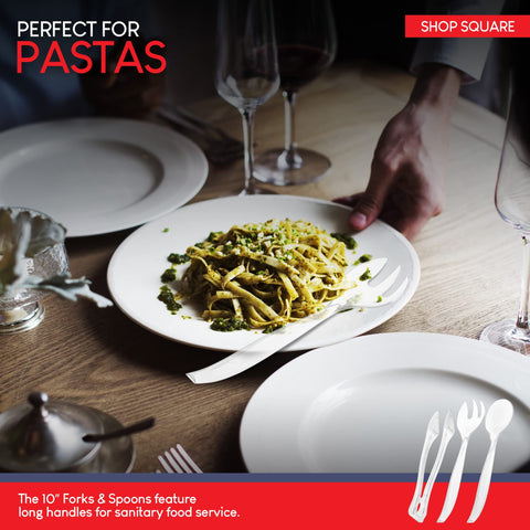 Shop Square durable plastic utensils withstand busy catering and parties.