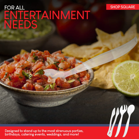 Shop Square clear utensils suited for weddings, birthdays, and gatherings.