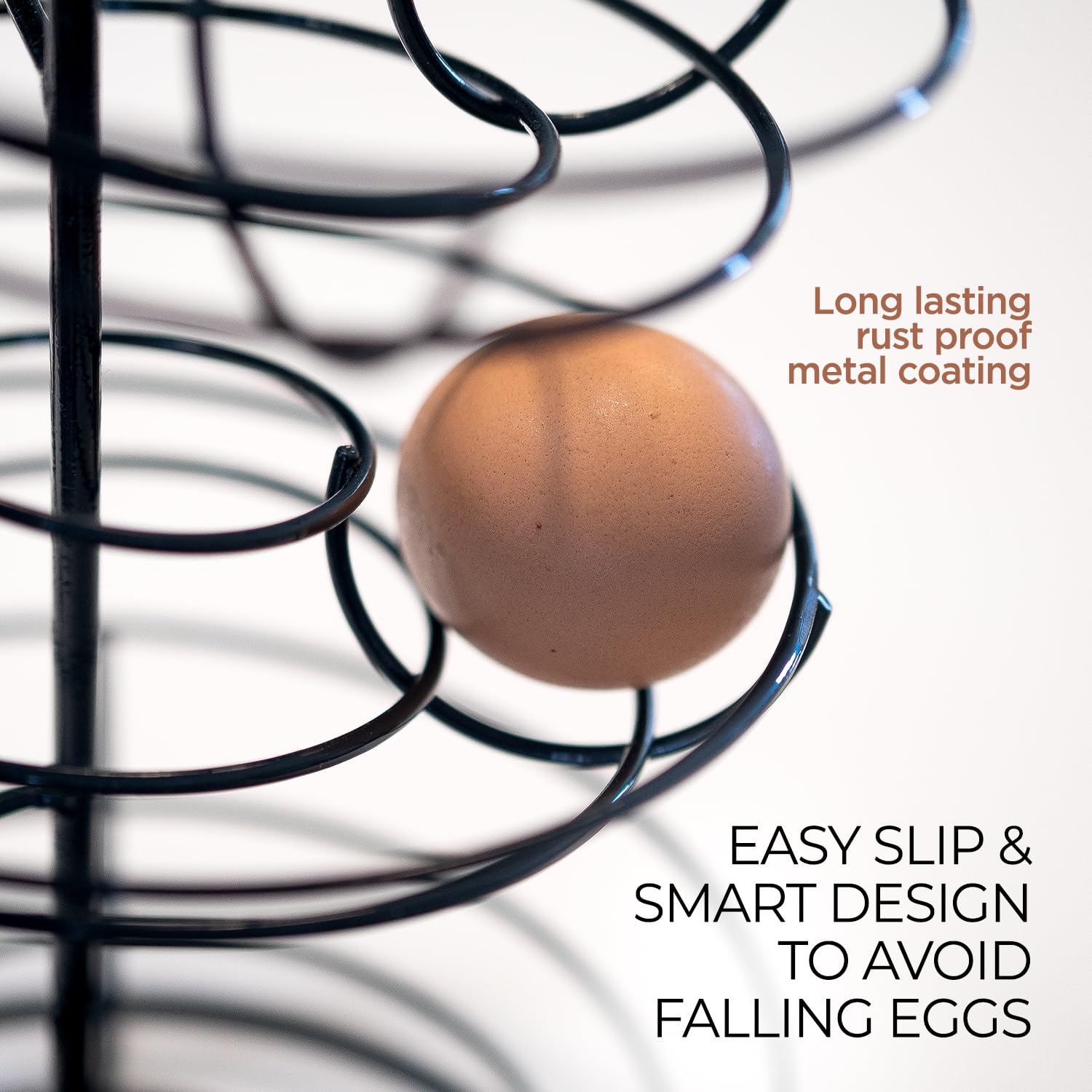 Shop Square Sturdy black wireframe egg dispenser emphasizes durable rust-proof construction.