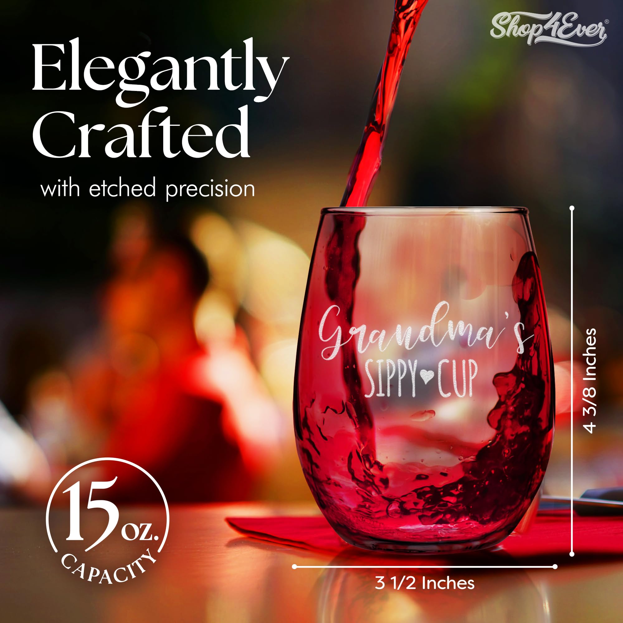 Shop4Ever Grandma's 15oz stemless wine glass highlights ergonomic, comfortable sipping.