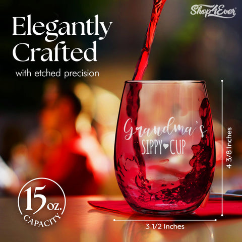 Shop4Ever Grandma's 15oz stemless wine glass highlights ergonomic, comfortable sipping.