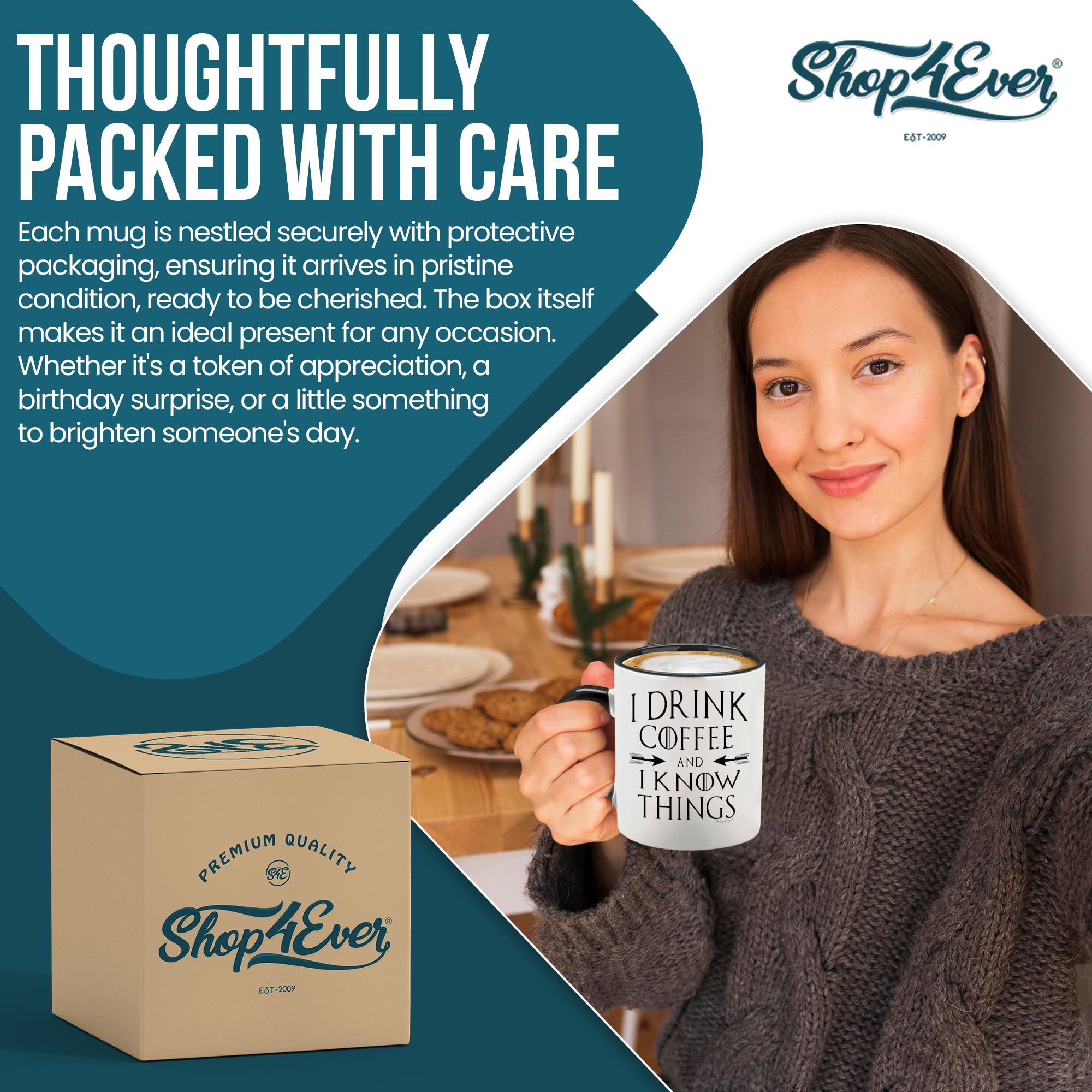 Shop4ever mug on a desk in a cozy setup for hot beverage use.
