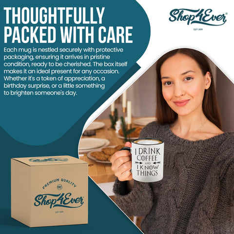 Shop4ever mug on a desk in a cozy setup for hot beverage use.