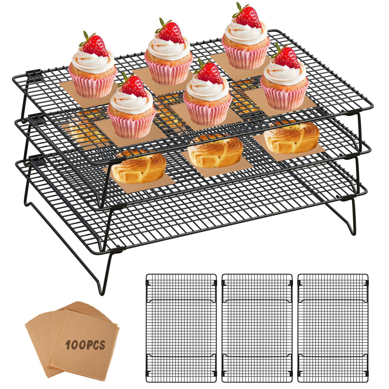 SHOUNAJIA 3-tier cooling rack surface 17x11 for large batch cooling cookies and pizzas