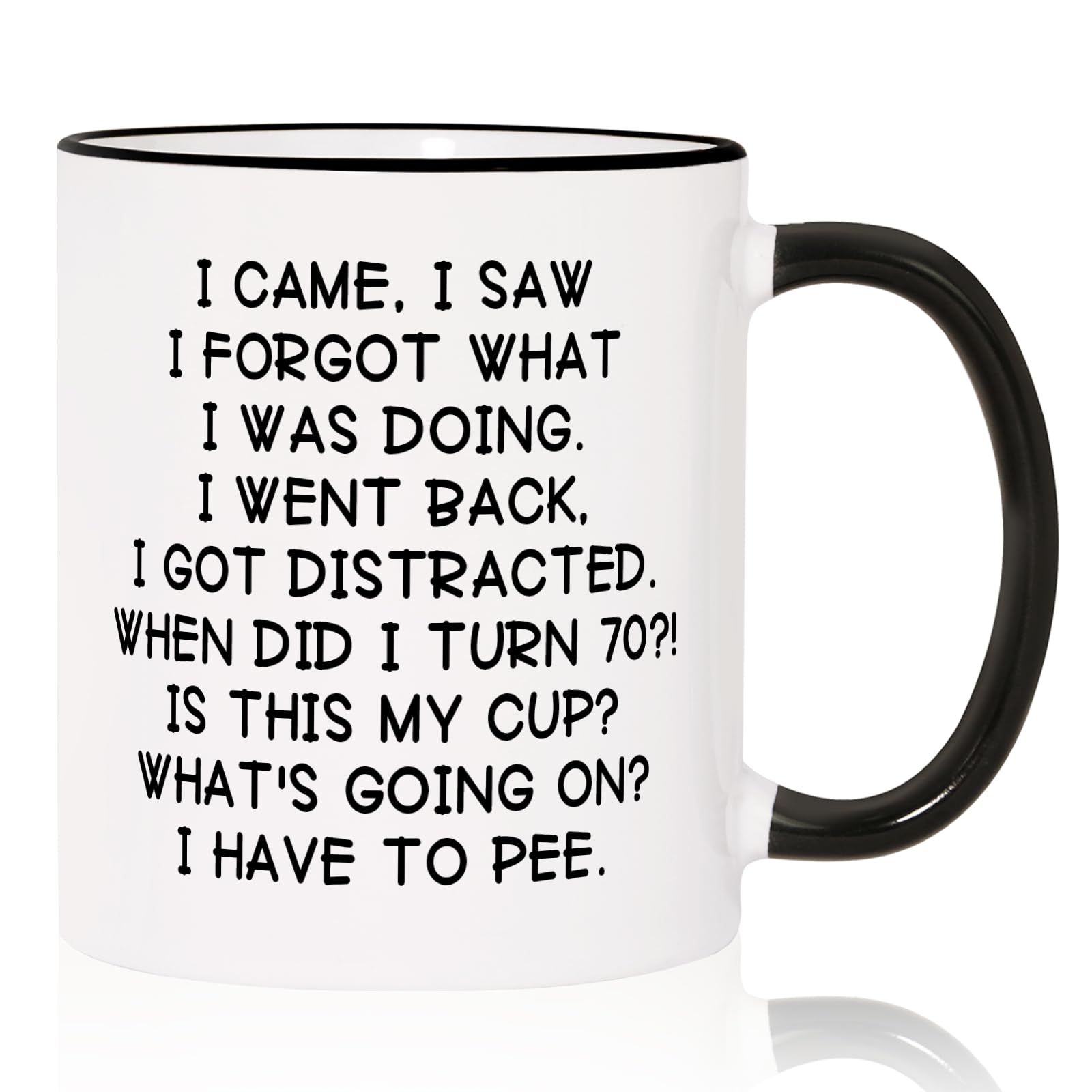 Shqiueos 70th birthday mug with humorous quote, a fun morning coffee companion