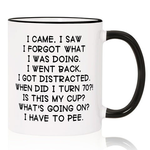 Shqiueos 70th birthday mug with humorous quote, a fun morning coffee companion