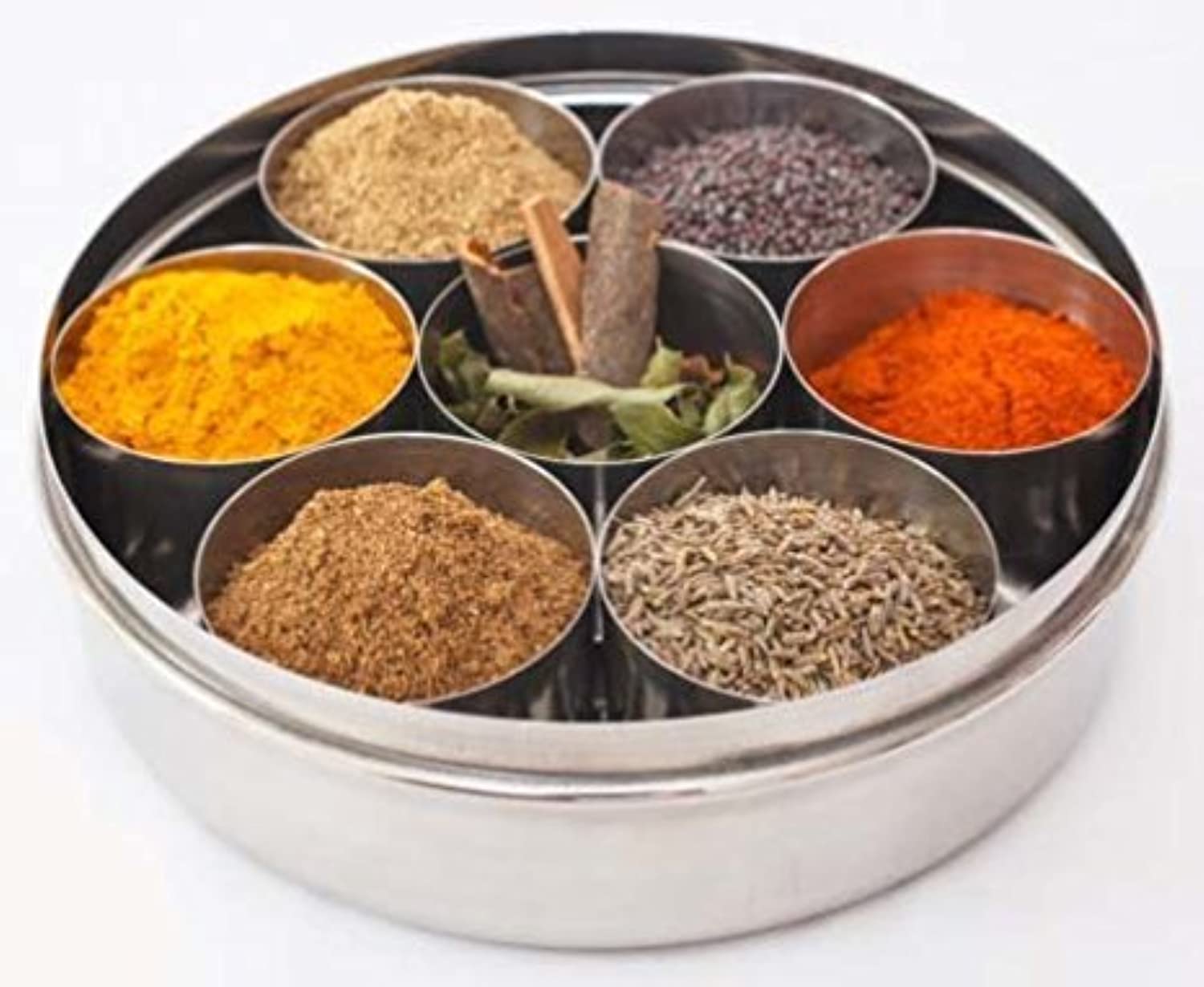 Shradha Trading package contents including empty spice box, seven cups, two spoons, and lid.