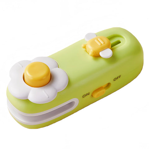 Shrunqi mini magnetic bag sealer, front view, compact sealing for fresh snacks.