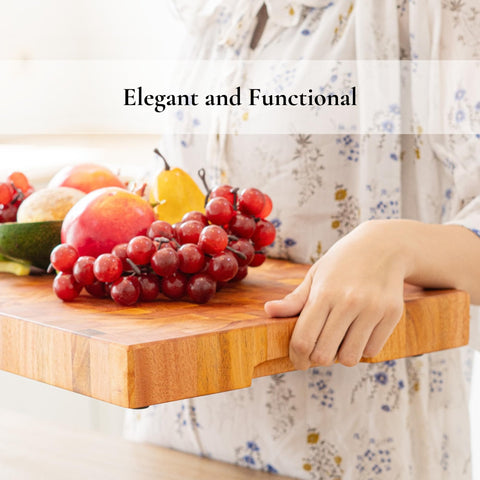 SHUMARU Mahogany end-grain cutting board ergonomic handles enable easy lifting.