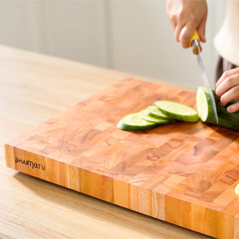 SHUMARU Mahogany end-grain cutting board in kitchen setup for daily use.