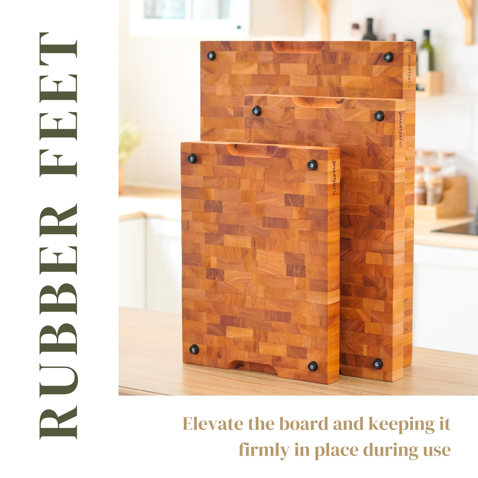SHUMARU Mahogany end-grain cutting board non-slip feet stabilize on counters.