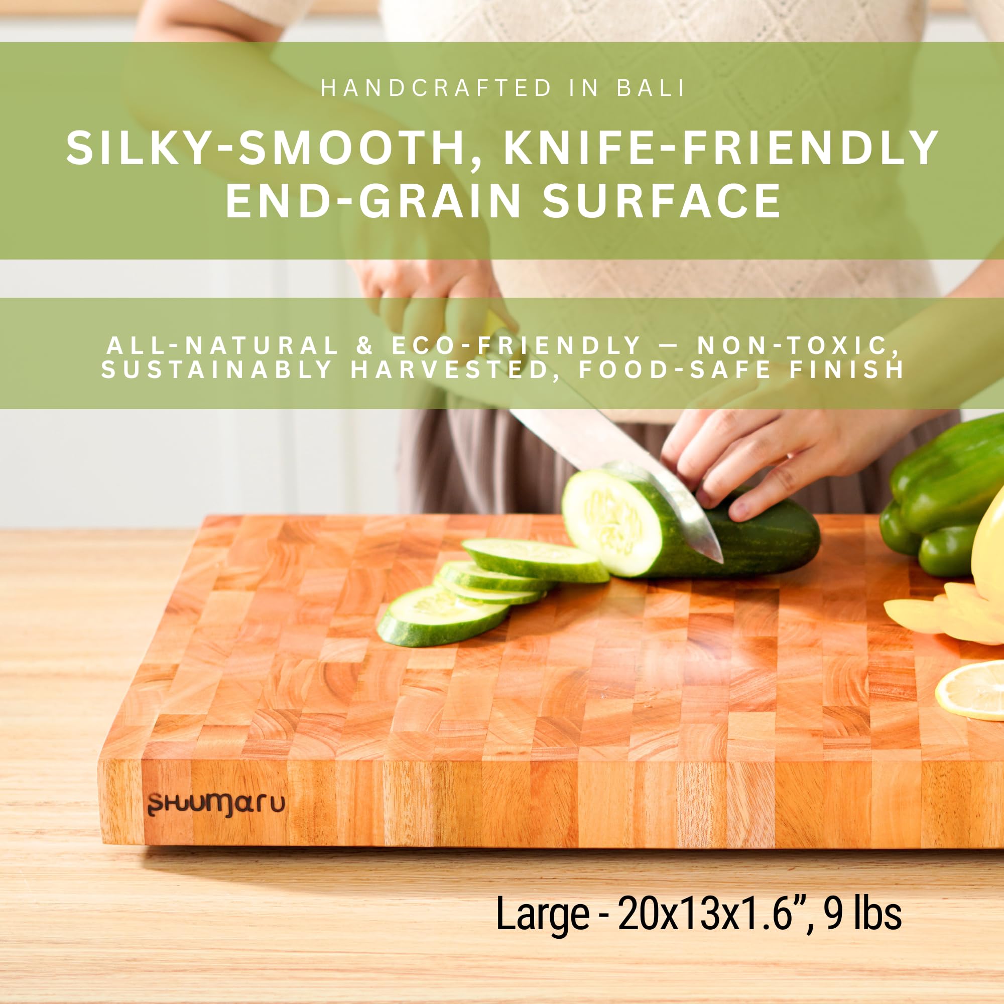SHUMARU Mahogany end-grain cutting board surface detail highlights knife-friendly texture.