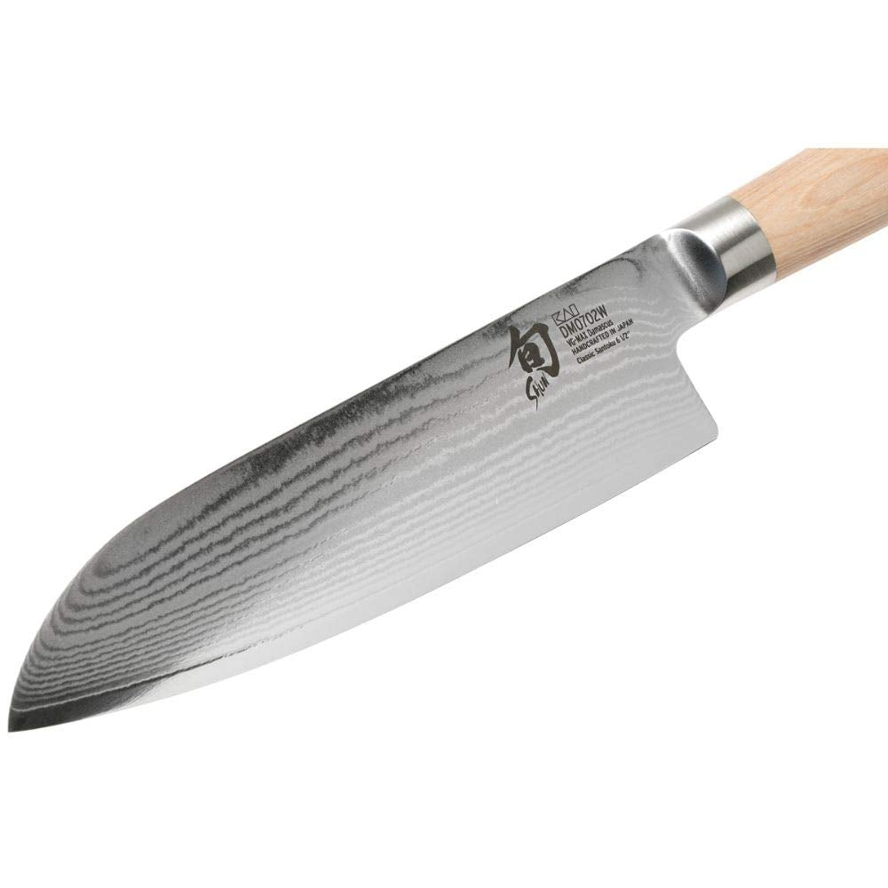 Shun Classic Blonde 7in Santoku Damascus-clad blade detail.