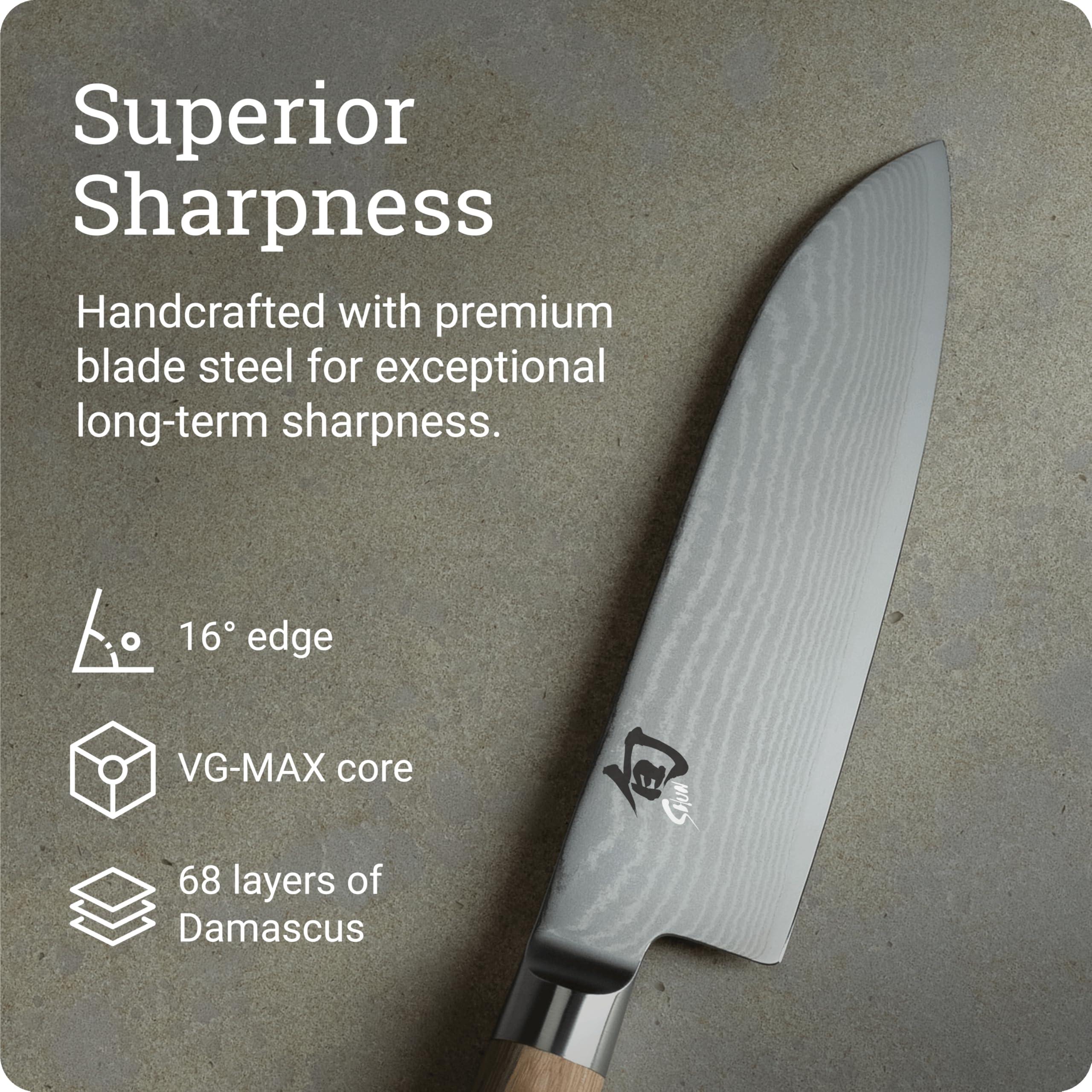 Shun Classic Blonde 7in Santoku blade close-up with VG-MAX and Damascus.