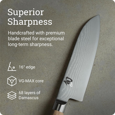 Shun Classic Blonde 7in Santoku blade close-up with VG-MAX and Damascus.