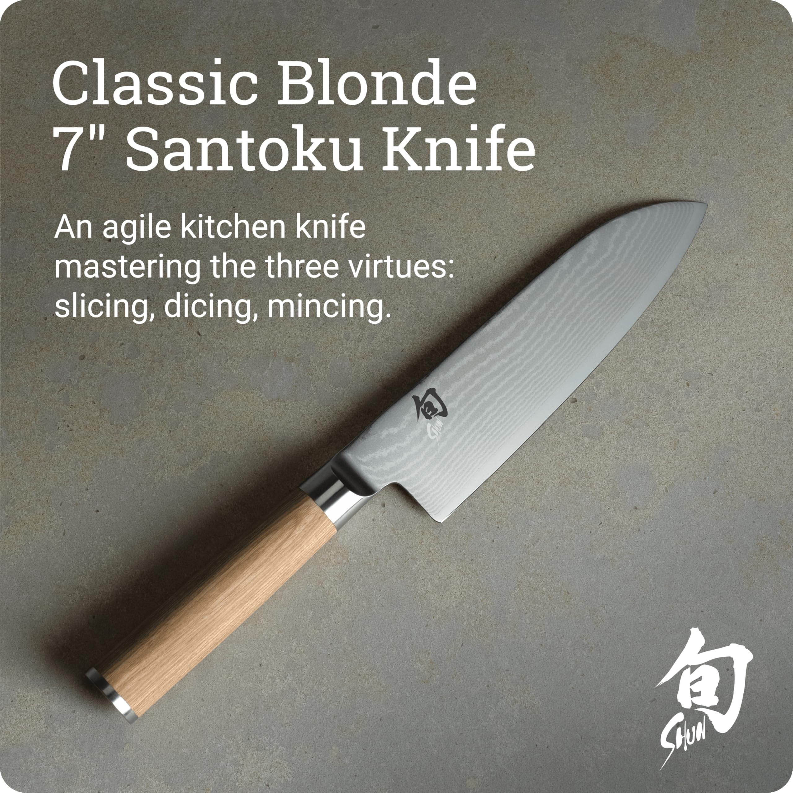 Shun Classic Blonde 7in Santoku in hand shows precise slicing control.