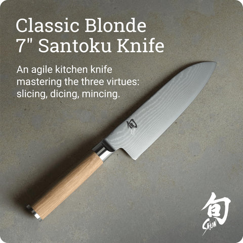 Shun Classic Blonde 7in Santoku in hand shows precise slicing control.