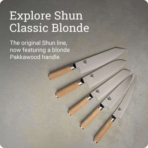 Shun Classic Blonde 7in Santoku Pakkawood handle for comfortable grip.