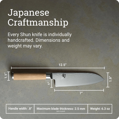 Shun Classic Blonde 7in Santoku VG-Max core close-up for sharpness.