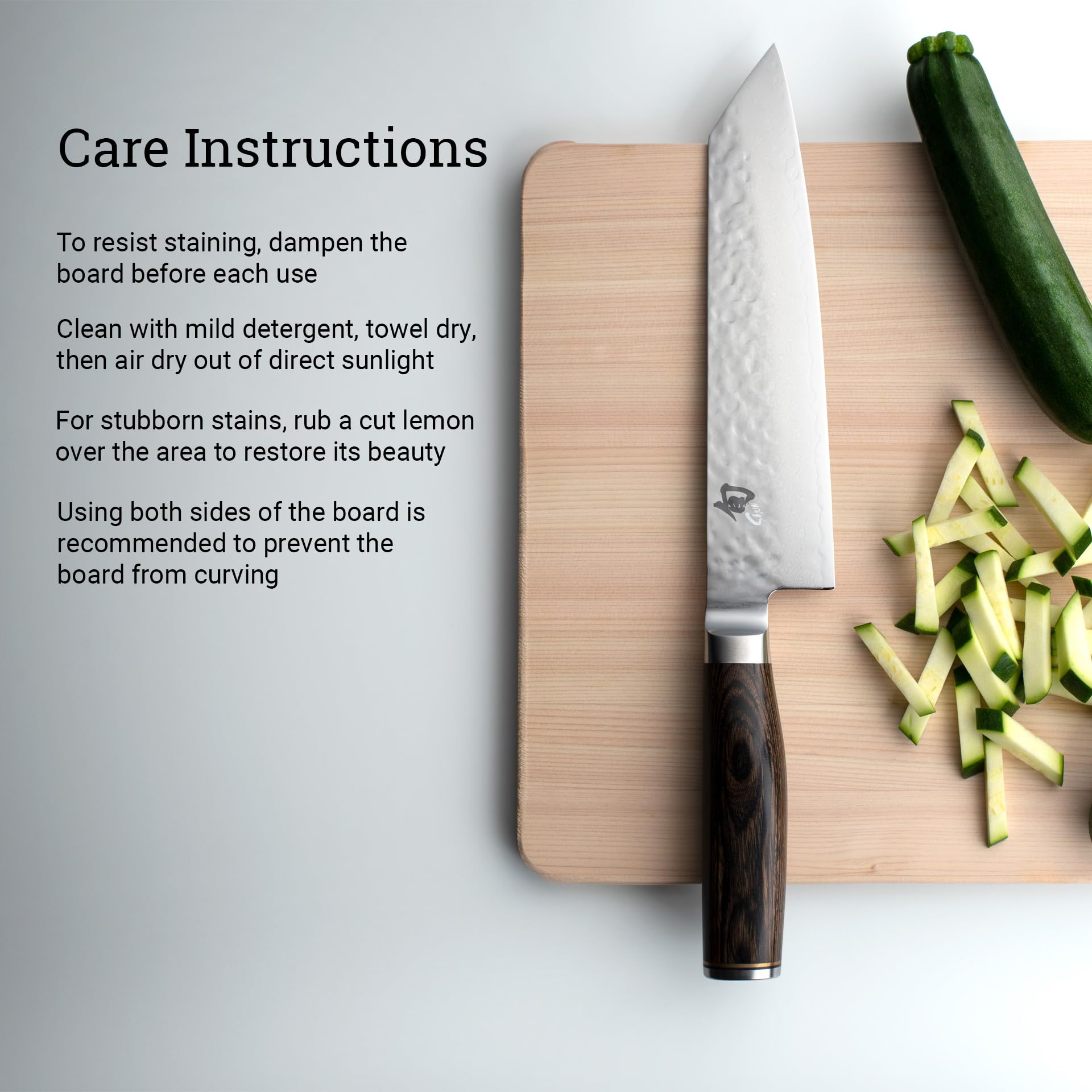 Shun Hinoki cutting board medium care tips including lemon rub for stains.