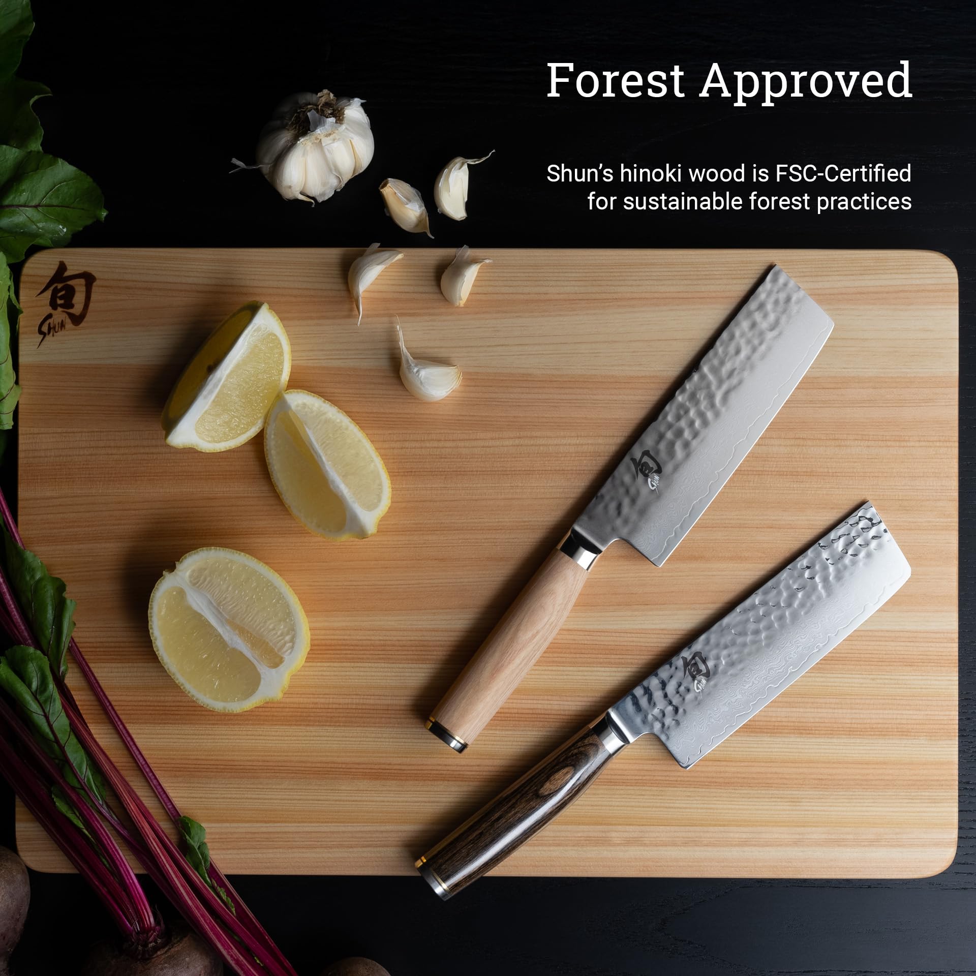 Shun Hinoki cutting board medium double-sided design for general prep tasks.
