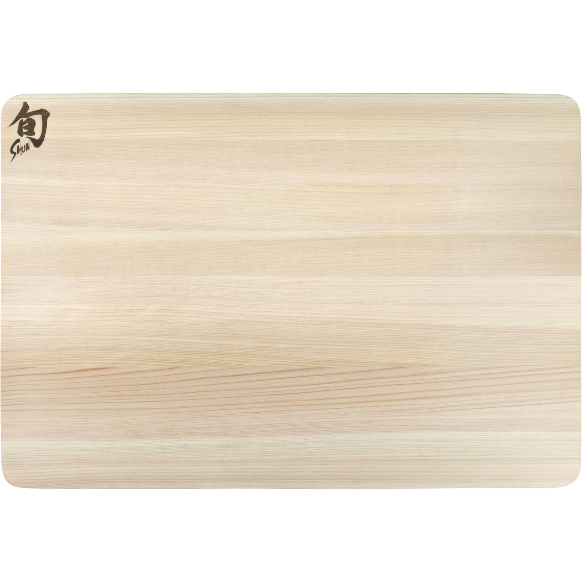 Shun Hinoki cutting board medium top view with knife-friendly surface that preserves edges.