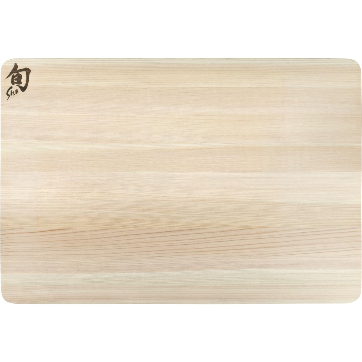 Shun Hinoki cutting board medium top view with knife-friendly surface that preserves edges.