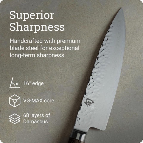 Shun Premier knife hammered tsuchime finish reduces sticking for easy food release.