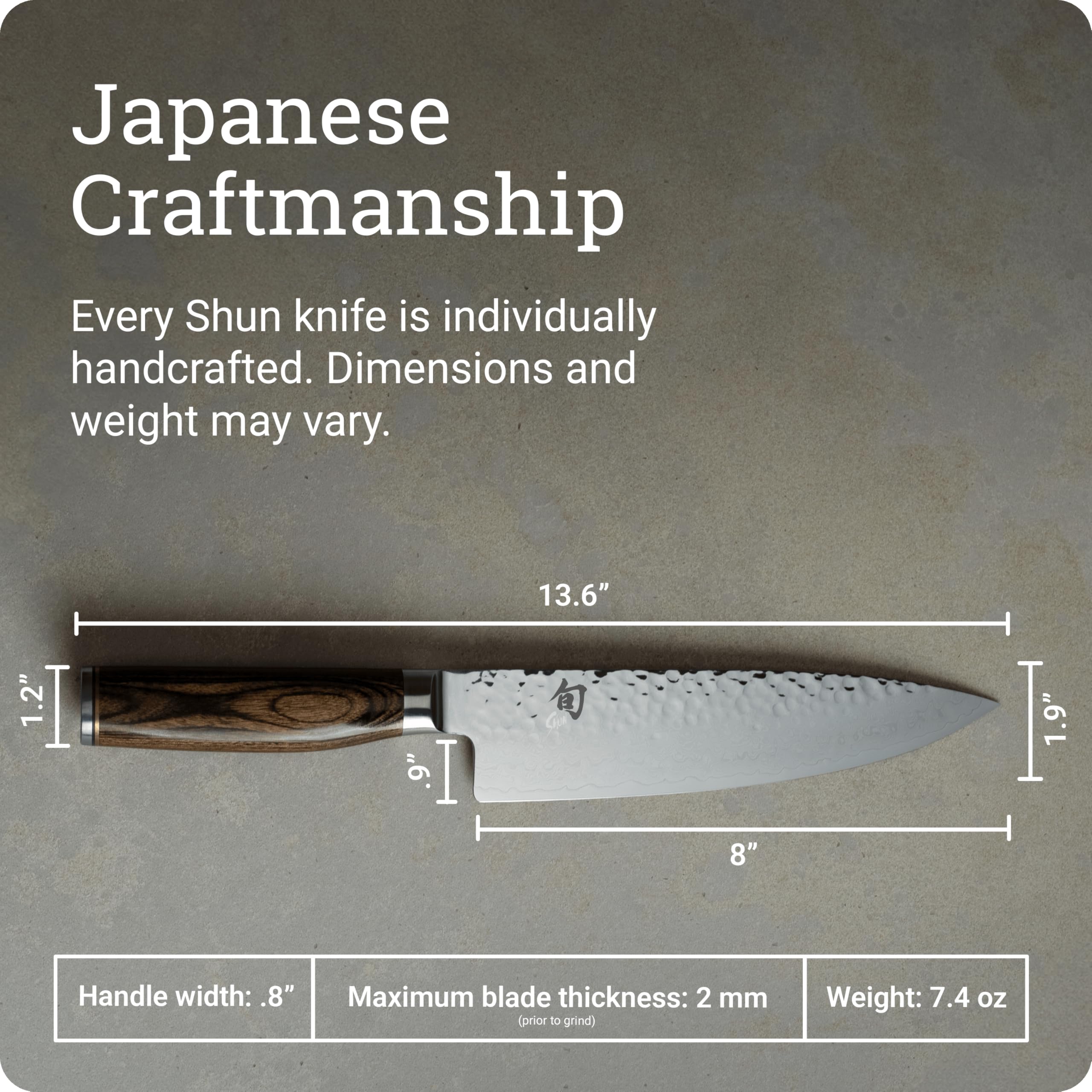Shun Premier 8-inch chef knife in action for fruits, vegetables, meat prep.