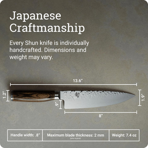 Shun Premier 8-inch chef knife in action for fruits, vegetables, meat prep.