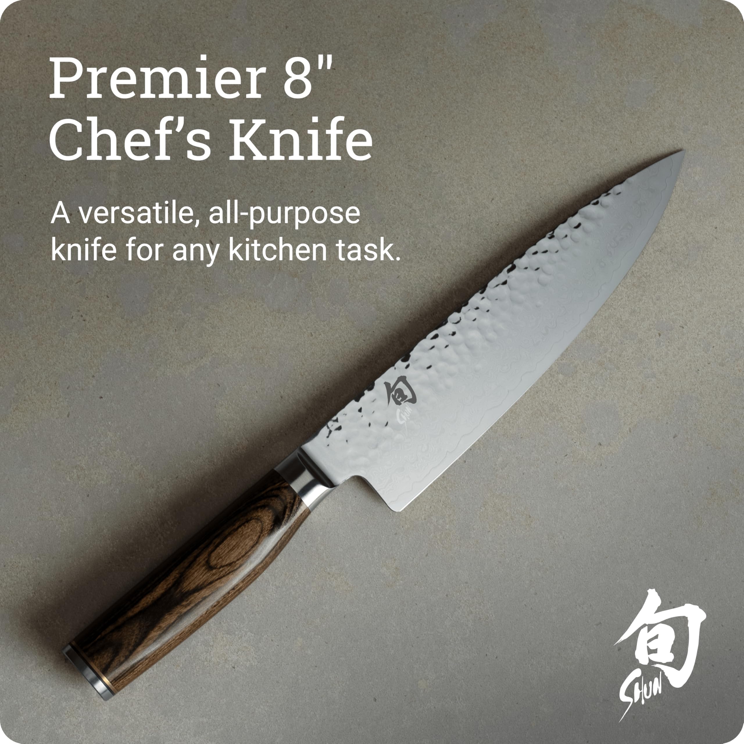 Shun Premier 8-inch blade highlights VG-Max core and Damascus cladding for durable sharpness.