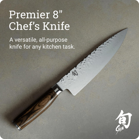 Shun Premier 8-inch blade highlights VG-Max core and Damascus cladding for durable sharpness.