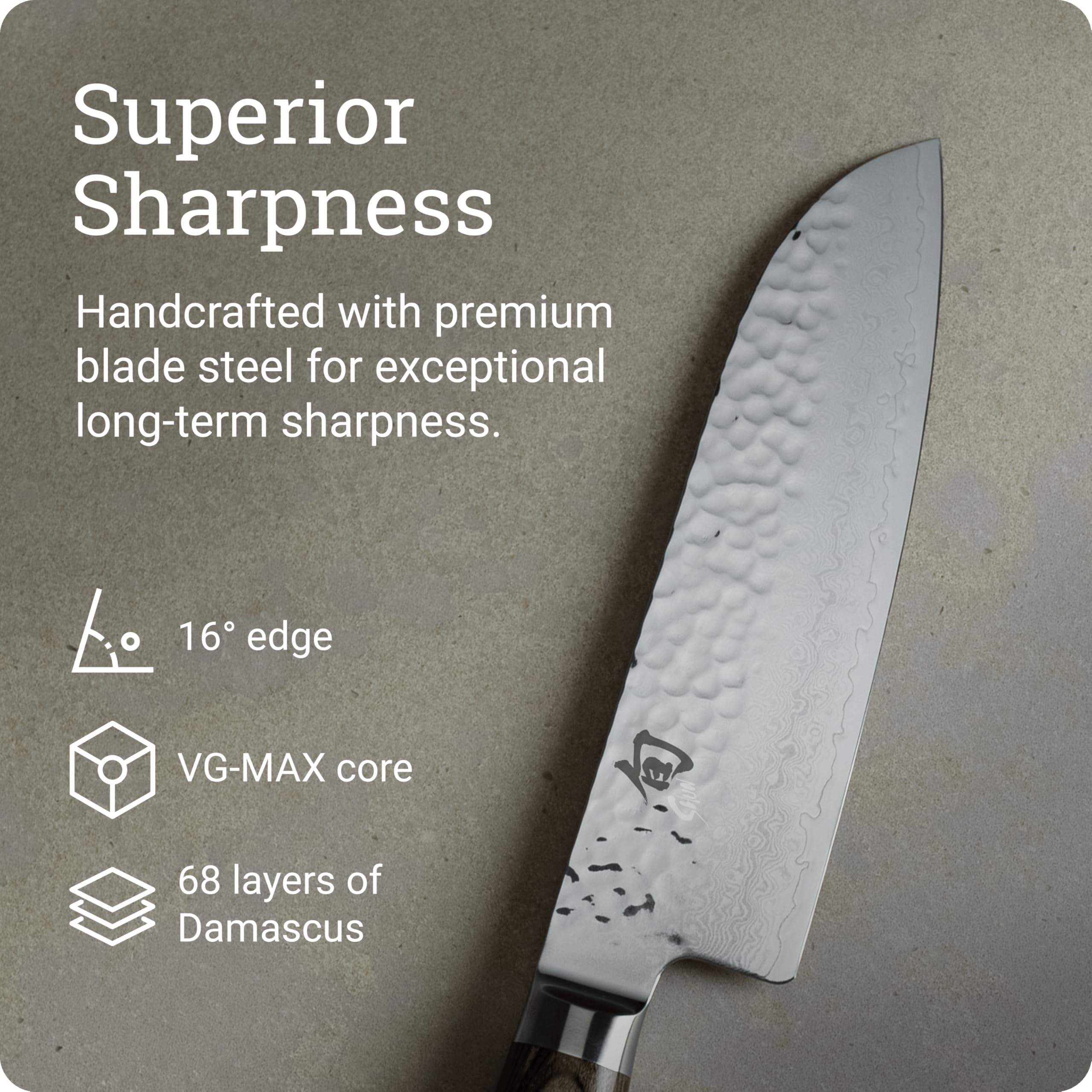 Shun Premier Santoku ergonomic handle enables precise control in prep tasks.