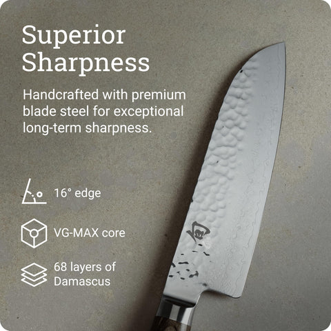 Shun Premier Santoku ergonomic handle enables precise control in prep tasks.