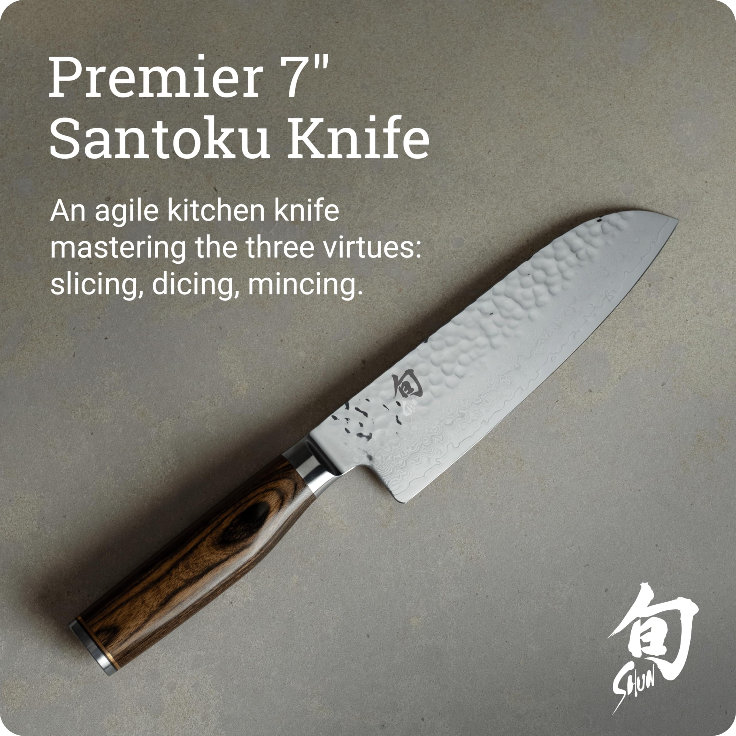 Shun Premier Santoku walnut-handle presents secure, comfortable grip during preparation.