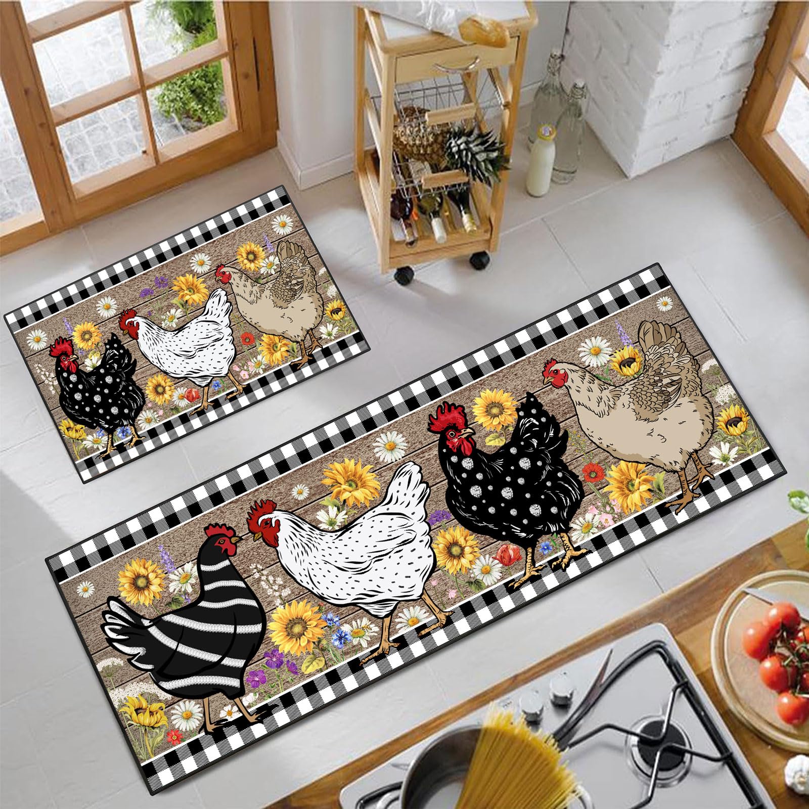SHUNLCD rooster kitchen decor rug 17x30 with cozy crystal velvet surface for comfort