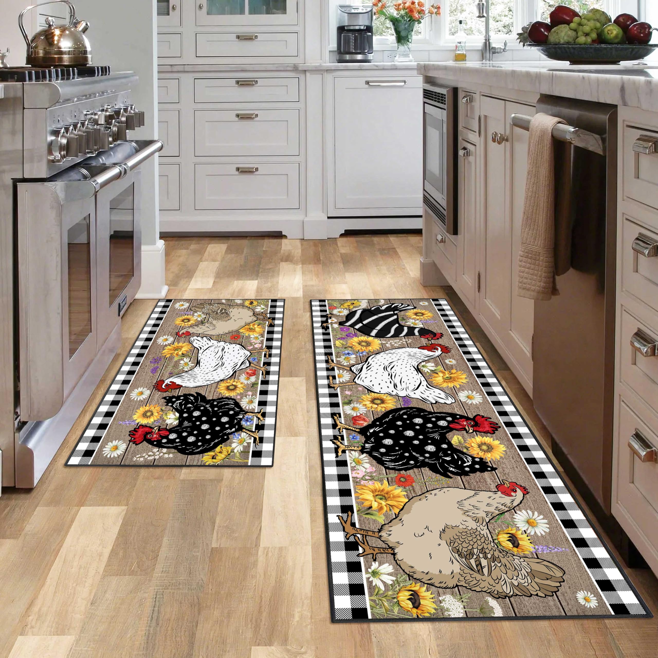 SHUNLCD sunflower and rooster pattern kitchen mat adds farmhouse charm