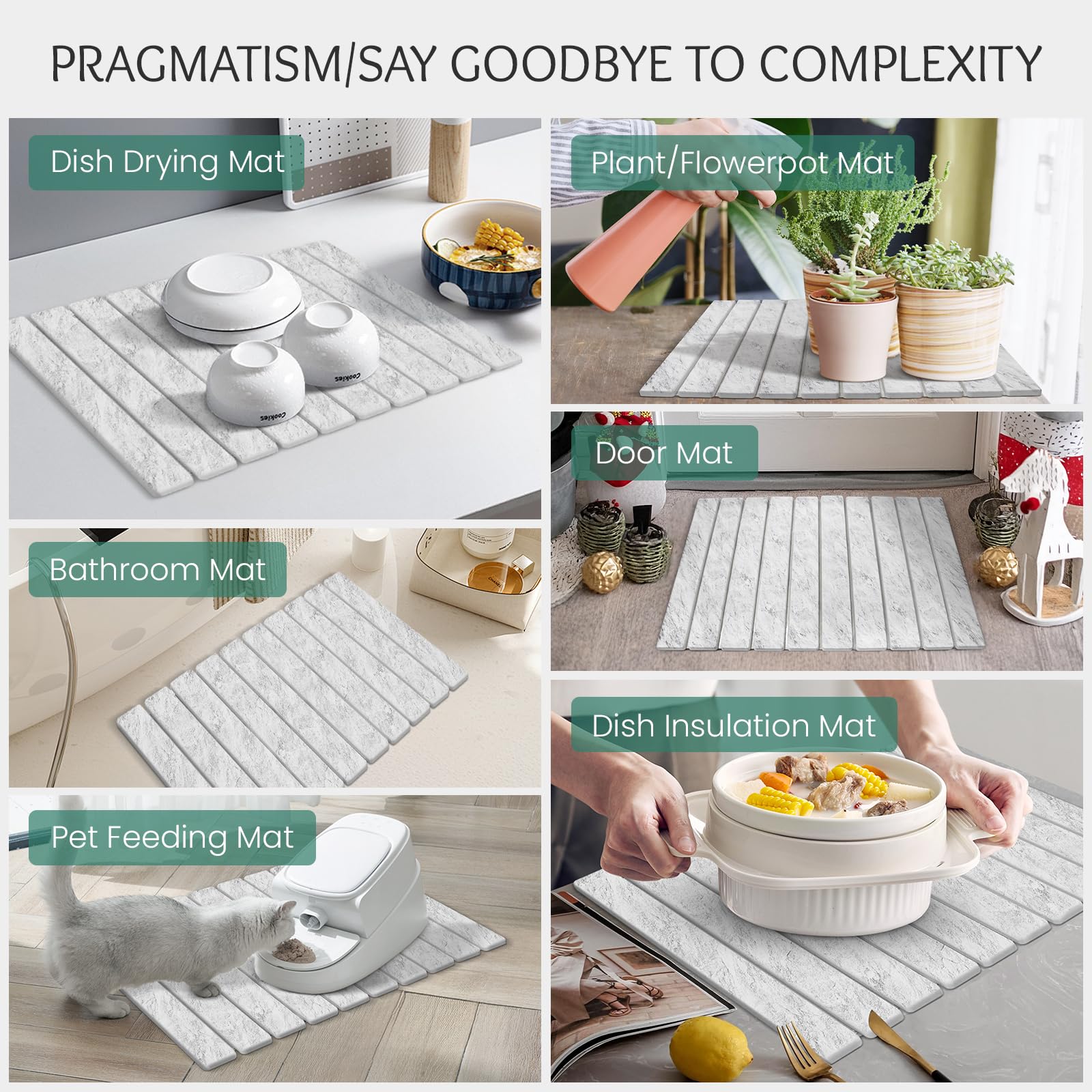SHUSHIYAJU stone drying mat in light gray pattern adds style.