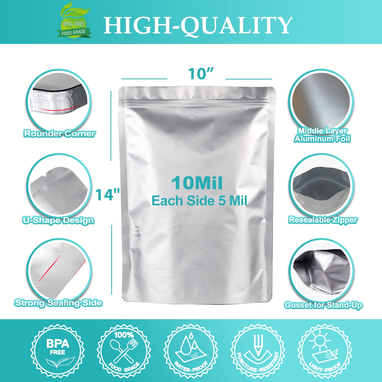 SHXWELL 10mil mylar bags with aluminum foil barrier protect contents from light and moisture.