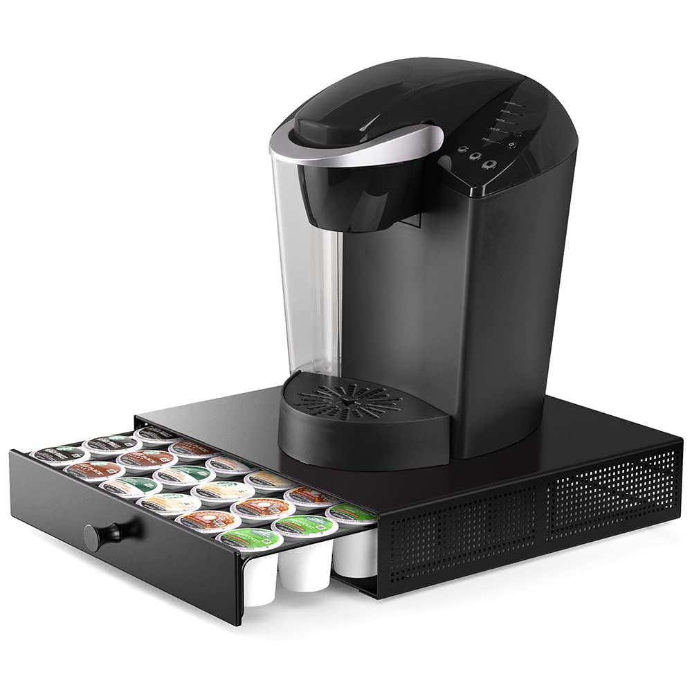 SICHEER K Cup Drawer top view showing compact setup beside a Keurig for space saving