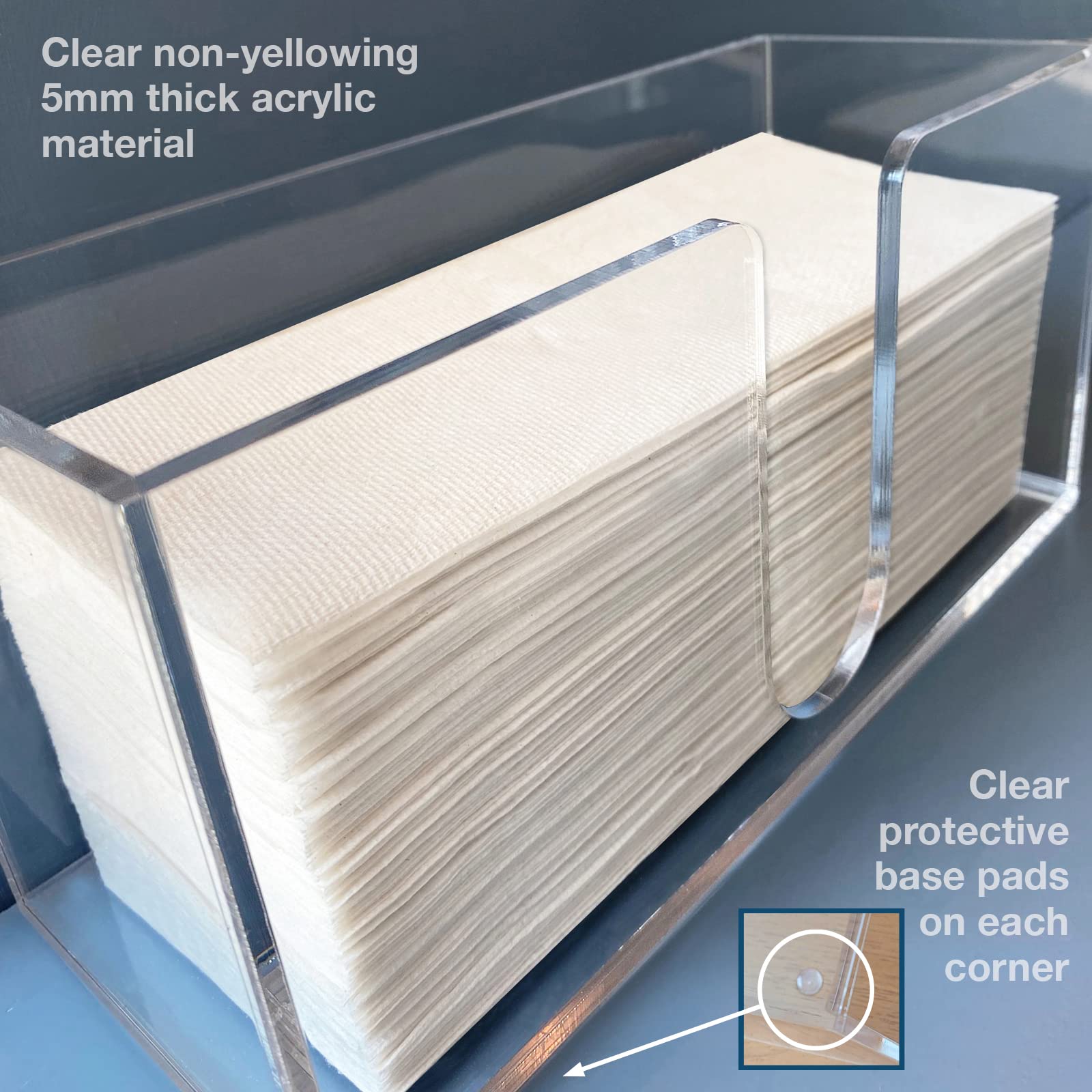 Sicily acrylic paper towel holder side view, slim footprint saves counter space.