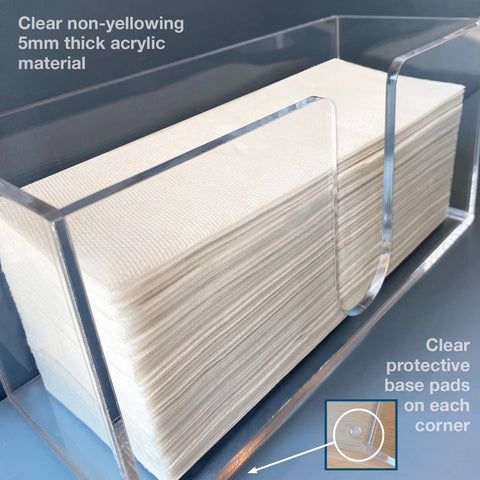 Sicily acrylic paper towel holder side view, slim footprint saves counter space.